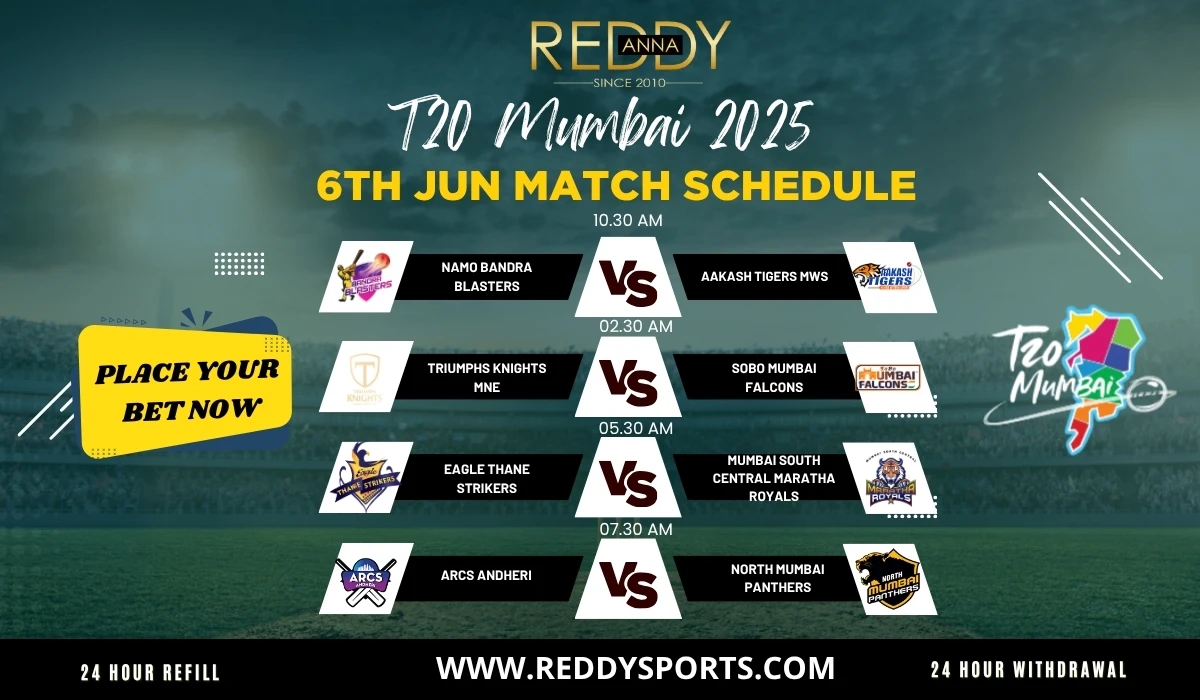 Read more about the article T20 Mumbai League June 6 – Match Schedule, Predictions & Reddy Anna Odds